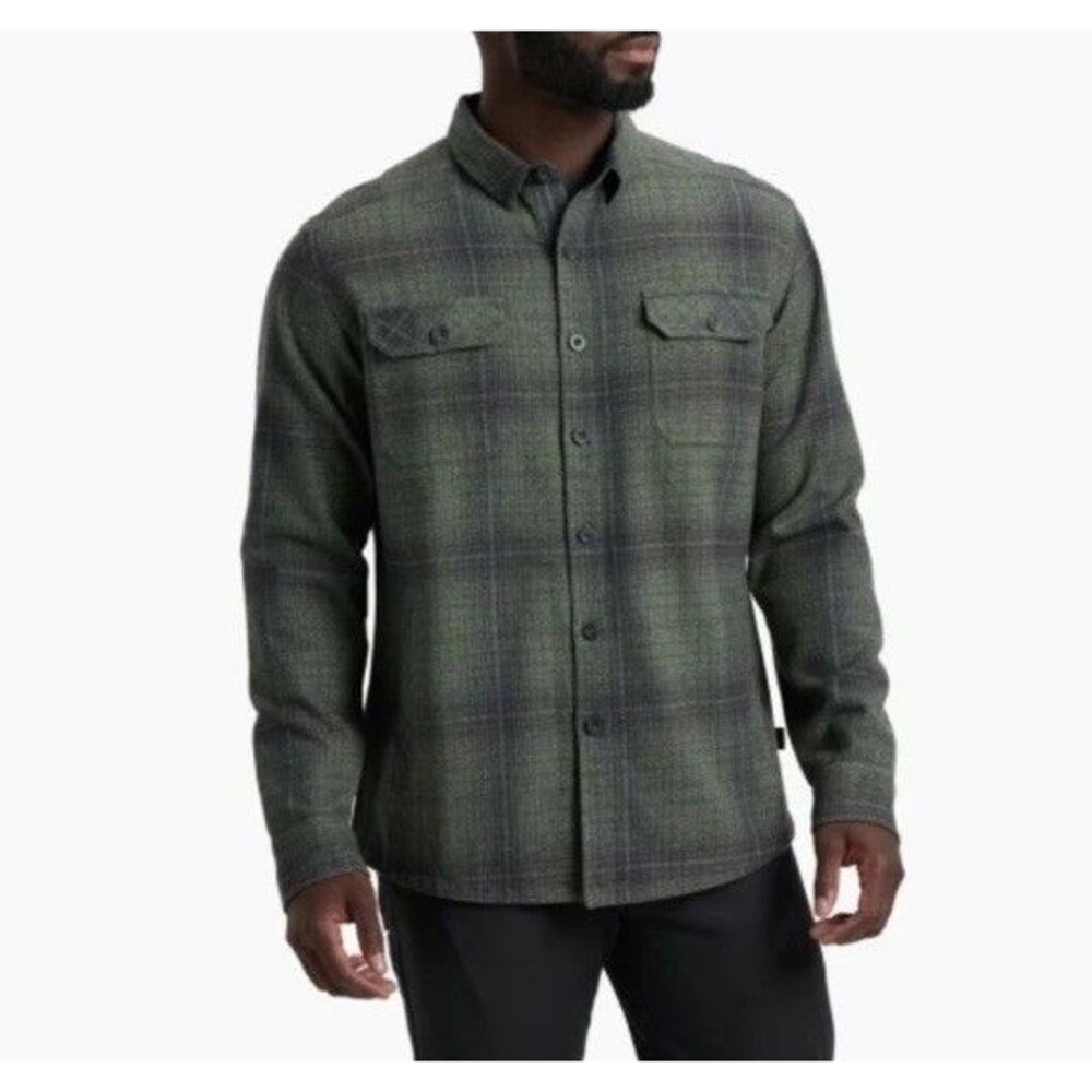 Kuhl Deviatr Shirt Jacket Mens L Flannel Green Blue Plaid Pockets Button Front